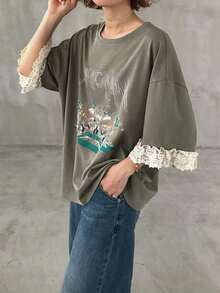 Camiseta de manga corta para mujer con ajuste holgado, estampado de letras, parches de encaje, de algodón transpirable, versátil para primavera/verano, camisetas gráficas oversize para mujer - Verde militar - Ver 2