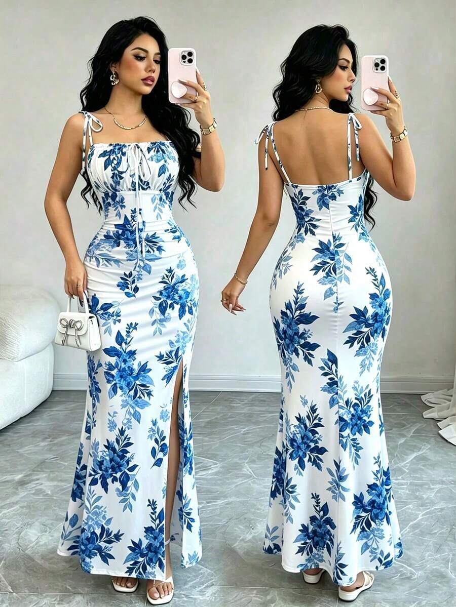 Nuevo vestido de mujer con tirantes de espagueti, lazo en la cintura, diseño de dobladillo fruncido y abertura, versátil para citas, fiestas y uso diario, favorecedora y elegante - Azul y blanco - Ver 1