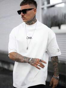 T-shirt casual da uomo bianca - Stampa grafica "oNe", poliestere, girocollo, maniche corte, lavabile in lavatrice, ideale per le attività ricreative estive - Bianco - Visualizzare 1