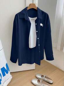 Camisa de manga larga holgada con estampado minimalista para mujer - Azul marino - Ver 4