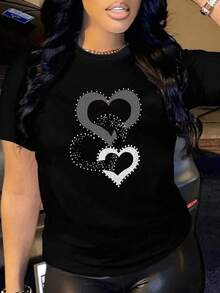Minimalist. Intertwined Hearts Symbolizing Unity And Positive Energy, With Sparkles Evoking Love, Trust, And Hope In Every Stroke. A Modern And Comfortable Women's T-Shirt, Ideal For Expressing Authentic Emotions. Women's Simple Solid Color T-Shirt, Loose And Slim Fit Casual Short Sleeve - 黑色 - 查看 9