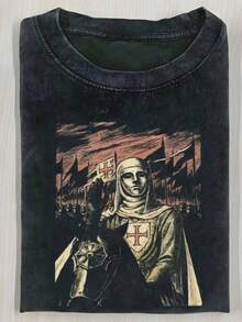 Camiseta de hombre con estampado de caballería ecuestre - Diseño de guerrero medieval 100% moderno, con una atmósfera dramática profunda, que presenta cruces rojas y blancas, camiseta casual cómoda y a la moda, lavable a máquina, cuello redondo, corte regular, manga corta. - Negro - Ver 1