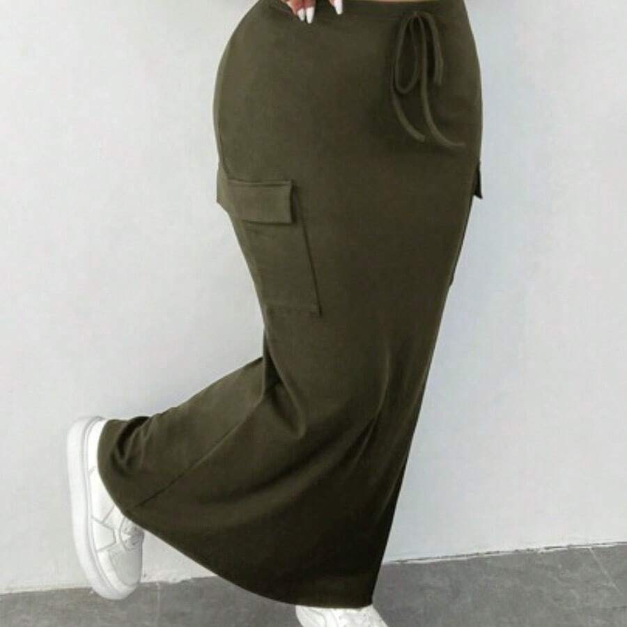 Plus Size Women's Casual High Waist Belted White Cargo Midi Skirt - Verde militar - Ver 1