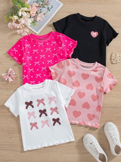 4pcs/Set Girls Casual Everyday Heart & Bow Print Short Sleeve Tops, Summer