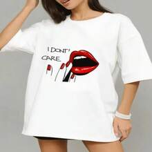 Women's Sexy Casual Cotton T-Shirt, Short Sleeve Round Neck Regular Fit Top with 'I Don't Care' Lips Graphic Print, High Stretch Fabric for Everyday Fashion. - Blanco - Ver 1