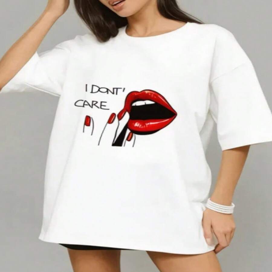 Women's Sexy Casual Cotton T-Shirt, Short Sleeve Round Neck Regular Fit Top with 'I Don't Care' Lips Graphic Print, High Stretch Fabric for Everyday Fashion. - Blanco - Ver 1