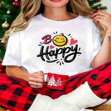 Womens Casual Cotton Short Sleeve Be Happy Graphic T Shirt - Blanco - Ver 1