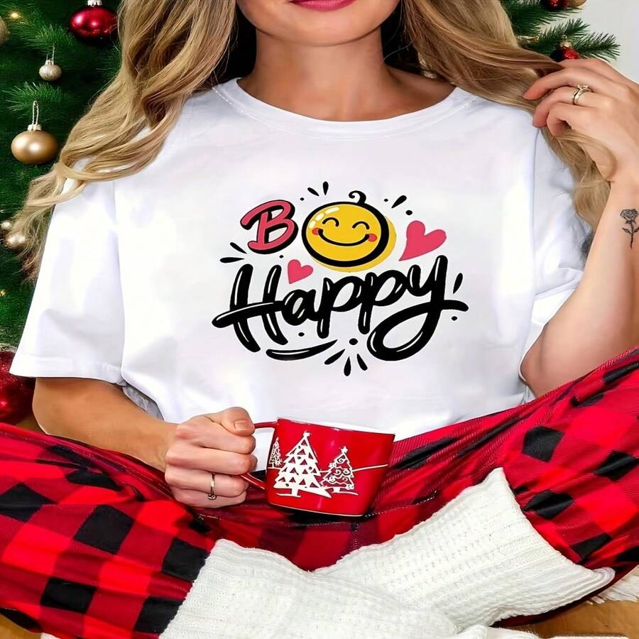 Womens Casual Cotton Short Sleeve Be Happy Graphic T Shirt - Blanco - Ver 1