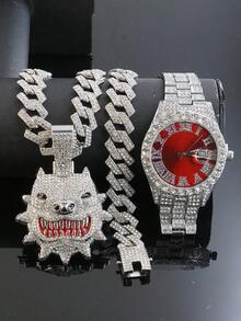 Bộ 1 món đồ trang sức phong cách Hiphop gồm mặt dây chuyền hình chó Bulldog, dây chuyền hình thoi kiểu , dây đeo đồng hồ màu đỏ dành cho nam, phụ kiện thời trang cá tính dành cho nam giới. - Đỏ - Xem 23