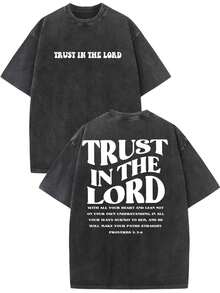 Camiseta Vintage Lavada para Hombre con Diseño de Fe Cristiana - Diseño con Versículo Bíblico (Proverbios 3:5-6) - Suave, de Tejido Grueso, Corte Holgado, Hombros Caídos, Manga Corta, Cuello Redondo, Estilo Casual - Presenta Estampado Inspirador - Adecuada para la Iglesia y el Uso Diario en Todas las Temporadas - Negro - Ver 1