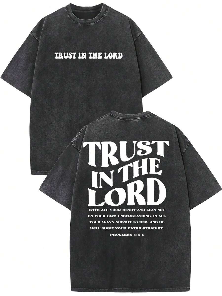 Camiseta Vintage Lavada para Hombre con Diseño de Fe Cristiana - Diseño con Versículo Bíblico (Proverbios 3:5-6) - Suave, de Tejido Grueso, Corte Holgado, Hombros Caídos, Manga Corta, Cuello Redondo, Estilo Casual - Presenta Estampado Inspirador - Adecuada para la Iglesia y el Uso Diario en Todas las Temporadas - Negro - Ver 1