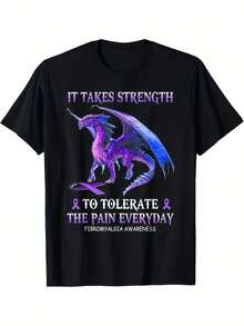 Camiseta de Algodón de 180 g/m² para Hombre y Mujer - Dragón Morado y Lema de Concientización sobre la Fibromialgia "Se Necesita Fuerza para Tolerar el Dolor Diario" - Camiseta Casual de Cuello Redondo, Suave y Transpirable para Dolor Crónico, Ropa Casual y Eventos Especiales - Negro - Ver 1