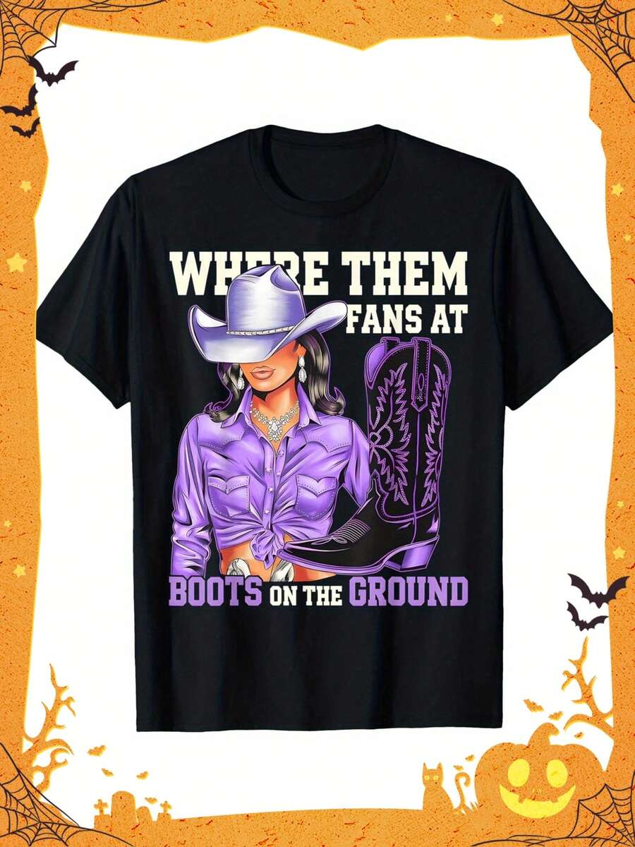Camiseta Divertida de Baile Western - Camiseta Casual 100% Algodón con Gráfico "Where They Fans At Boots on the Ground", Diseño de Botas y Sombrero de Vaquero - Regalo de Halloween, Acción de Gracias, Navidad para Hombres, Mujeres, Familiares y Amigos - Negro - Ver 1