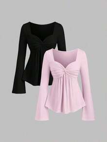 2 piezas Conjunto de camisetas de manga larga versátiles, elegantes y cómodas para mujer - Multicolor 5 - Ver 1