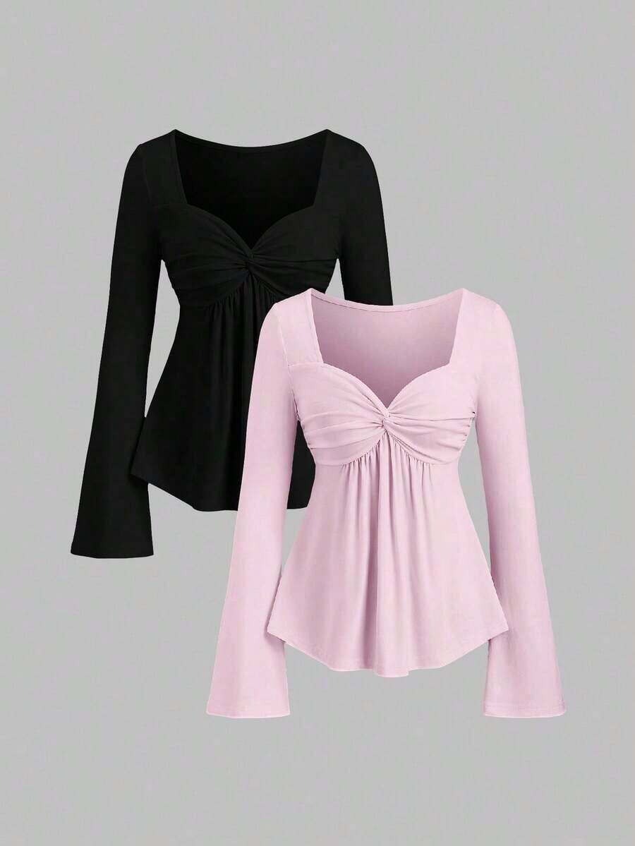 2 piezas Conjunto de camisetas de manga larga versátiles, elegantes y cómodas para mujer - Multicolor 5 - Ver 1