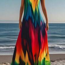 Plus Size Rainbow Ombre Print Sleeveless Maxi Dress, Women Beach Vacation Casual Daily Wear, Spring/Summer Versatile, With Pockets, Sleeveless Summer Long Dress Elegant - Multicolor - Ver 3