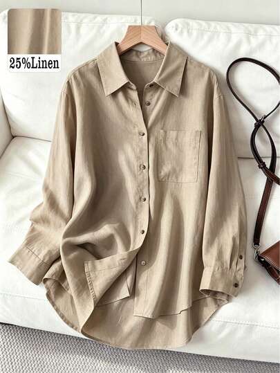 Women's Casual/Office Linen Blended Solid Color Front Button Pocket Front Short Back Long Loose Long Sleeve Shirt Spring