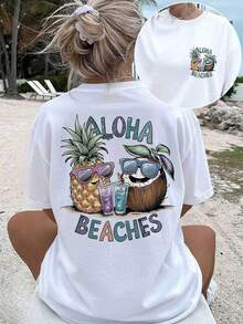 GiftCamiseta de manga corta con estampado de piña y coco estilo ALOHA BEACHES, diseño de doble cara, estilo casual de verano para mujer - Camiseta unisex de algodón holgada de manga corta y cuello redondo, estilo vintage urbano.Soft - Blanco - Ver 7