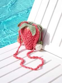 Trivaya 1pc Handmade Colorful Knitted Strawberry Drawstring Crossbody Bag, & Cute Strawberry Purse Valentines, Strawberry - Pink - View 1