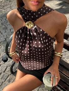 1 pieza Parte superior de halter con lunares ajustable, adecuada para la playa, viajes, ir al trabajo, oficina, primavera/verano - Marrón Mocha - Ver 2