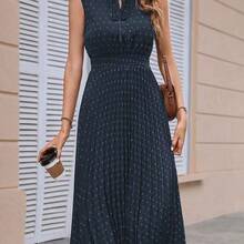 Clasi Swiss Dot Tie Neck Pleated Hem Dress Maxi Women Outfit - Azul Marino - Ver 2