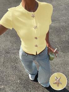 Camiseta ajustada de punto casual de cuello redondo y manga corta para mujer en color albaricoque - amarillo ganso - Ver 4