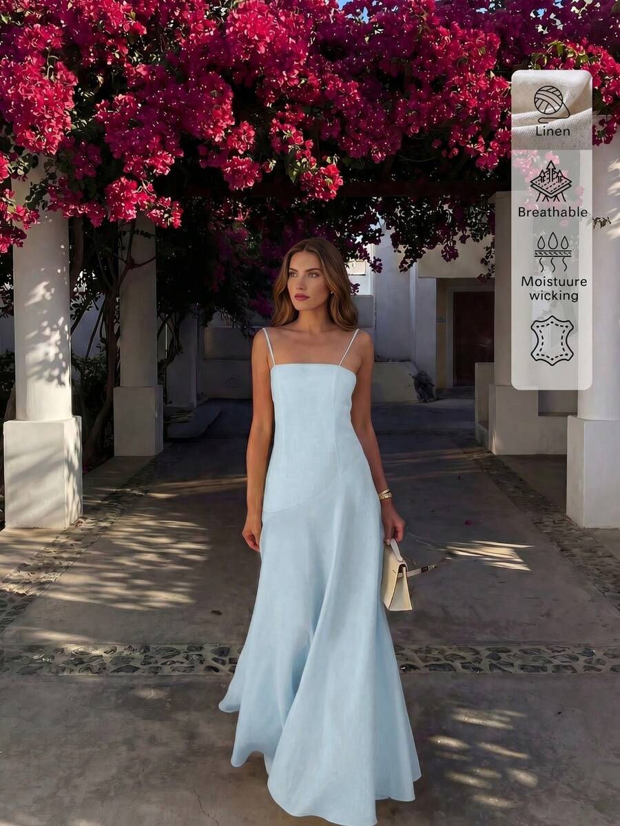 Đầm dây mảnh dáng ôm casual vải linen trơn phong cách du lịch đi biển nghỉ dưỡng - Màu xanh lam - Xem 1