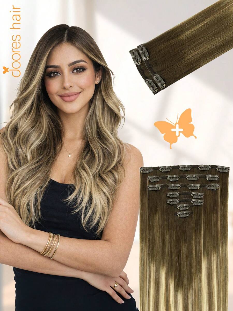DOORES 9PCS Ekstensi Rambut Jepit Lurus Rambut Manusia Asli Alami Ekstensi Rambut Manusia Perawan Tenunan Ganda Jepit Tak Terlihat & Lembut Potongan Rambut Mini Untuk Rambut Tipis Untuk Wanita - S3/8/613 - View 1