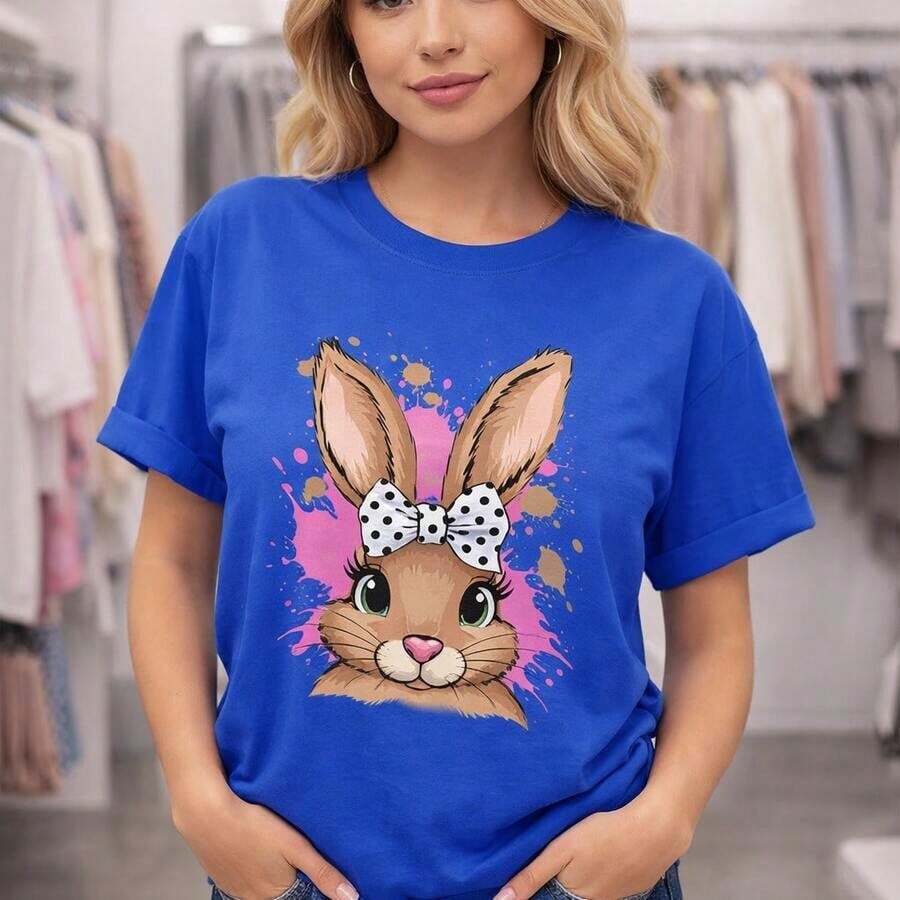 Women's Plus Size Cotton T-Shirt, M-5XL, Black Short Sleeve T-Shirt With Rabbit Print, Polka Dot Bow Design, Casual Loose Fit, Soft And Breathable Fabric, Fashionable Summer Top For Everyday Wear, Easter Gift Idea, Comfortable Oversized T-Shirt - 藍色 - 查看 1