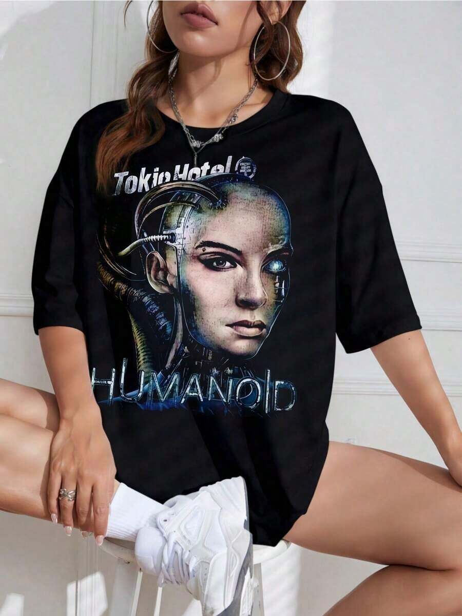 Camiseta Unisex con Estampado de Banda de Rock Retro, Cuello Redondo, Manga Corta, Diseño Casual, Ideal para Fans - Negro - Ver 1
