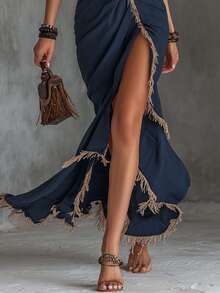 New V-Neck Lace Holiday Dress For Women In Summer 2026 - 中等水洗藍 - 查看 3