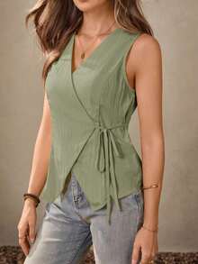 Chaleco estilo BOHO casual de estilo campestre estadounidense en color crema amarillento, con tirantes delgados, adecuado para maestras, oficina, viajes, con aspecto vintage.Blusa de verano para mujer en color amarillo claro, top de verano para mujer, top con lazo amarillo, top envolvente amarillo, top cruzado para mujer, top de verano para mujer de estilo occidental, para maestras de campo - Verde militar - Ver 2