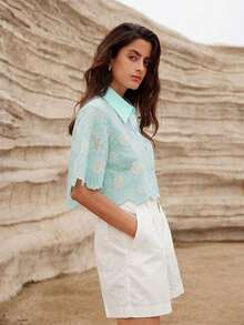 Blusa elegante con bordado de margaritas al azar y calado - Agua verde azul - Ver 6