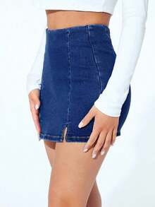Falda pantalón informal de mezclilla con corte alto y dobladillo con doble abertura para mujer - Azul lavado medio 2 - Ver 3