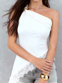 Blusa blanca ajustada con tirantes asimétricos de encaje, hebilla metálica y unicolor sexy y madura para mujer, de verano - Blanco - Ver 5