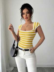 Camiseta de punto de rayas ajustada, estilo minimalista francés, top casual de manga corta, ideal para fiestas, primavera/verano - Amarillo - Ver 7