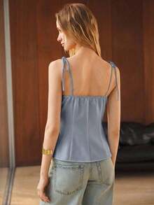 Maija Top de tirantes minimalista y elegante para conciertos y exteriores en verano, de unicolor, con cintura ceñida y lazos en los hombros - Azul - Ver 5
