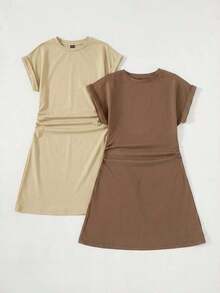 Set de 2 vestidos mini de manga corta y cuello redondo, de punto de unicolor casual, para mujeres - Multicolor 2 - Ver 3