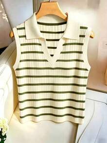 Chaleco de punto de rayas con cuello para mujer, elegante y casual - Multicolor 2 - Ver 5