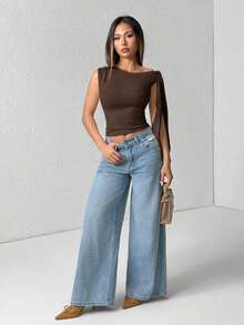 Top de hombro asimétrico con tirantes de atar de unicolor para mujer - Marrón - Ver 6