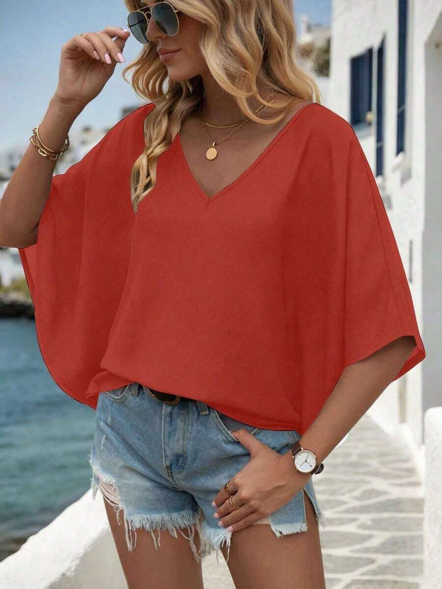 Camisa de manga de murciélago de unicolor casual, verano - Rojo - Ver 1