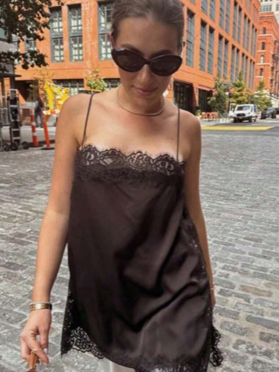 Blusa de satén y encaje de estilo minimalista europeo y americano, de moda para el verano, para vacaciones - Marrón 2 - Ver 1