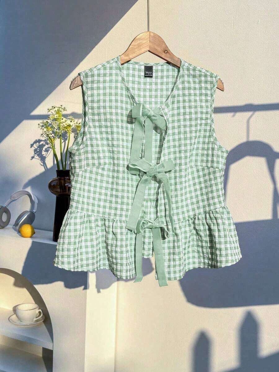 Camisa sin mangas a cuadros rojos y blancos tejida con nudo delantero para mujer - Verde Oliva - Ver 1