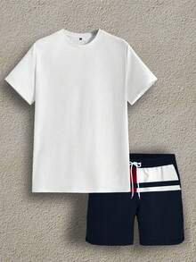 男士2件組夏季套裝，100%純棉圓領T恤與拼色泳褲 - 彩色 - 查看 3