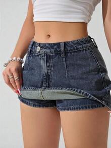 Minifalda de jean de moda con decoración de botón en la cintura para mujer - Azul - Ver 4