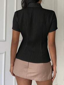 Blusa de cuello Mao de manga corta con cintura ceñida, estilo chino nuevo en color albaricoque, nuevo diseño de primavera/verano para mujer - Negro - Ver 7