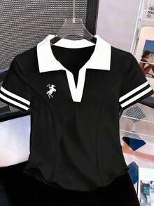 Camiseta de mujer casual de manga corta con cuello polo, estampado de caballero a rayas y contraste de color - Negro - Ver 3
