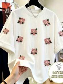 Camiseta de mujer de moda casual con cuello redondo y hombros caídos, camiseta con bordado de cereza, camiseta con bordado de toalla de cereza, camiseta casual y cómoda para exteriores, camiseta para todas las estaciones, camiseta con estampado de frutas - Rosa Pálido 2 - Ver 3