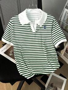 Camiseta de manga corta con cuello de polo a rayas casual de verano para mujer - Multicolor 2 - Ver 3
