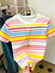 Camiseta de manga corta con cuello redondo y estampado de letras, de uso casual y versátil para uso diario - Multicolor - Ver 4